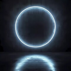 Poster - Neon white geometric circle on dark background. Round mystical portal.