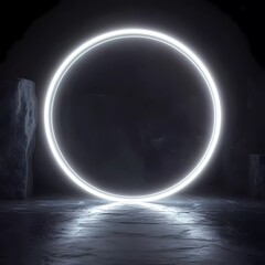 Poster - Neon white geometric circle on dark background. Round mystical portal.