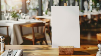 Wall Mural - Blank Menu Sign on Wooden Table in Restaurant Setting