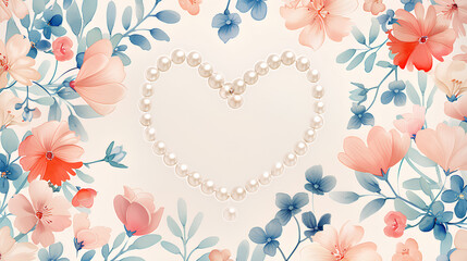 Wall Mural - Design a white background with delicate floral patterns and small roses, creating an elegant backdrop for the pearls. The heart-shaped pearl necklace for romance to your Valentine's Day