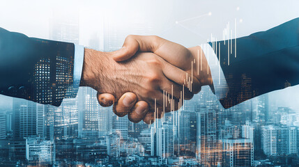 Successful business merger handshake with upward graphs symbolizing growth and teamwork in a corporate cityscape