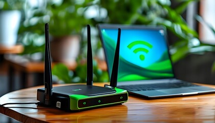 Wall Mural - Wi-Fi connection hub featuring a sleek black and green router alongside a laptop displaying vibrant wireless connectivity symbols