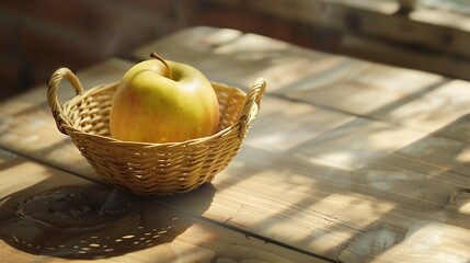 Wall Mural - Golden apple in the basket on the timber table