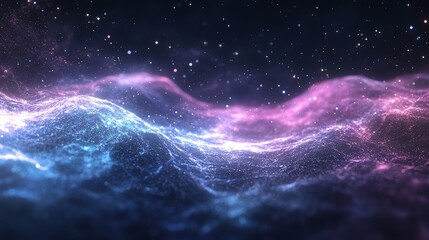 abstract cosmic landscape with blue and pink hues, glowing particles, and stars.