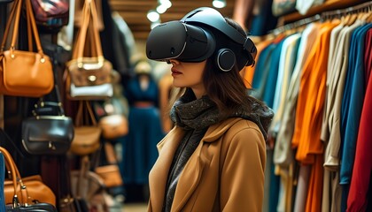 Virtual reality shopping experience in a stylish clothing store filled with trendy apparel and handbags