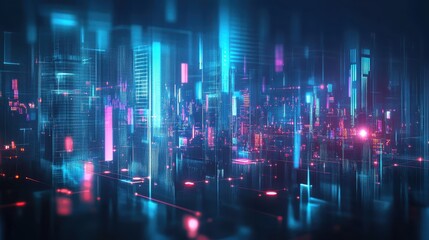 A futuristic cityscape with glowing neon lights, digital grid lines and particles, abstract 3D rendering, vibrant colors, technological concept, cyberpunk aesthetic