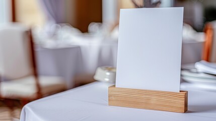 Wall Mural - Blank White Paper Sign in Wooden Stand on White Tablecloth