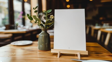 Blank Menu Sign with Vase and Greenery on Wooden Table