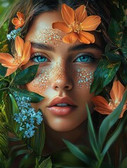 Wall Mural - A portrait of a young woman, her face adorned with intricate flower petal patterns, her turquoise eyes piercing through the foliage, orange and blue flowers surrounding her face, soft freckles dotting