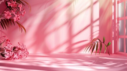 Wall Mural - Pink color gradient backdrop with shadows, window, flowers, and palm leaves for product showcasing. Summer event setting with blurred effect.