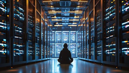 Wall Mural - Serene meditation amidst a sea of technology in a vast data center filled with servers and blinking lights