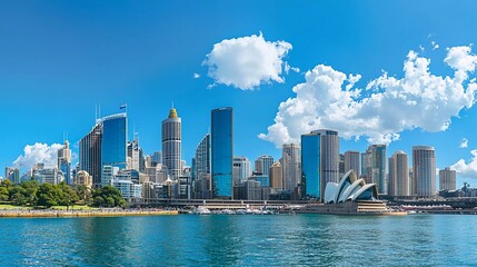 The city skyline of Sydney, Australia. Circular Quay and Opera House. touristic points, travel photos, sunny sunny day