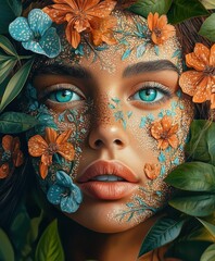 Wall Mural - A portrait of a young woman, her face adorned with intricate flower petal patterns, her turquoise eyes piercing through the foliage, orange and blue flowers surrounding her face, soft freckles dotting