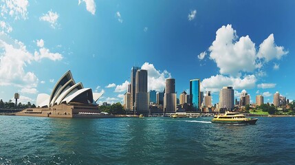 The city skyline of Sydney, Australia. Circular Quay and Opera House. touristic points, travel photos, sunny sunny day