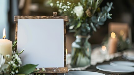 Wall Mural - Blank Sign on Wooden Easel with Candles and Greenery