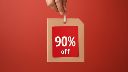 90% Off Sale Tag: A hand holds a  brown paper tag with a red 90% off label hanging from it. The tag is isolated on a red background.  