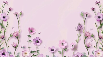 Wall Mural - 76. Adorable cartoon flower border set against a light orchid background, rendered in clean vector style, perfect for various design projects