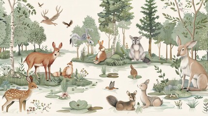  91. Whimsical children's wallpaper featuring hand-drawn animals in a magical forest setting, perfect for a cozy and imaginative children's room
