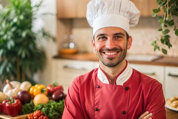 Smiling chef in kitchen with fresh vegetables