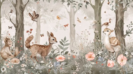 95. Magical children's wallpaper design with adorable animal drawings in a fairy tale forest, perfect for creating a dreamy and adventurous space