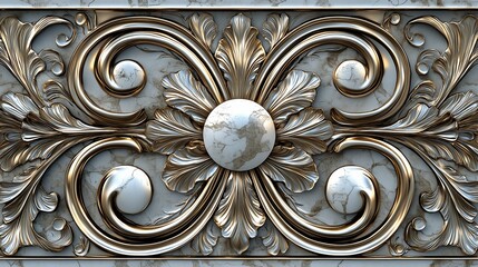 Wall Mural - Intricate, ornate metallic design on a marble background.