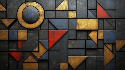 Wall Mural - Abstract geometric shapes in gold, red, and blue on a dark background.