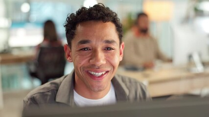 Fototapete - Business man, computer or reading email, problem solving and thinking at night. Smile, creative employee and working on project at startup for research, review and writer squint on deadline closeup
