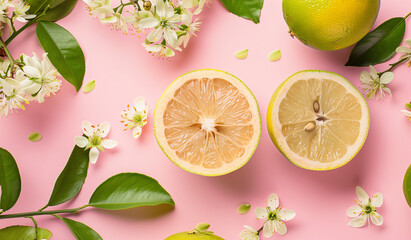 Wall Mural - Fresh Green Grapefruits And Blossoms On Pink Background