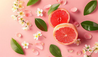 Wall Mural - Fresh Sliced Grapefruits and Blossoms on Pink Background