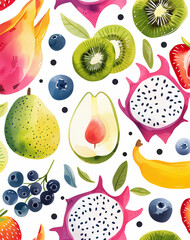 Wall Mural - Colorful Illustration of Fresh Fruits on White Background