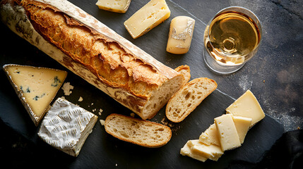 gourmet baguette, with a crispy crust, sliced and served with a selection of fine cheeses and a glass of wine