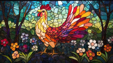 Wall Mural - Super abstract stained glass with a vibrant neoclassic Thai chicken, surrounded by a cinematic background of textured trees and flowers