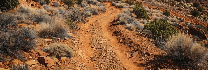 Poster - Winding dirt path ascending a rugged hillside featuring scattered bushes and reddish soil