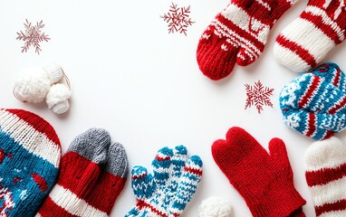 Warm winter mittens and snowflakes on white background.