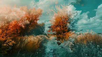 Abstract infrared landscape with autumn trees and clouds.