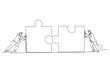 © onetime - Single continuous line drawing of two young businessmen push puzzle pieces to unite it. Start business collaboration symbol. Teamwork concept. Dynamic one line draw graphic design vector illustration