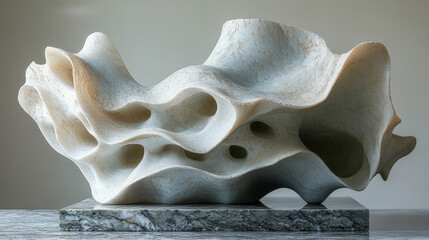 Organic shaped abstract modern sculpture is standing on a stone pedestal