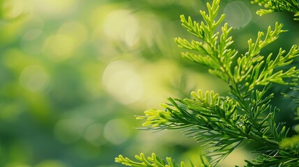 200. Fresh closeup of Thuja twigs with bright green leaves, presented with a blurred background to capture the essence of spring and evergreen growth