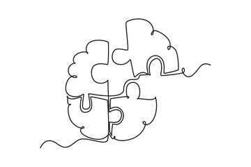 single one line drawing of human brain forming from piece of puzzles logo identity. head anatomy and