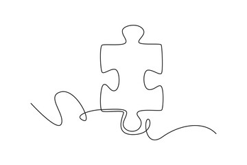 Wall Mural - Continuous one line drawing puzzle piece for human creativity thinking process. Puzzle jigsaw icon for teamwork, connection, business collaboration. Single line draw design vector graphic illustration