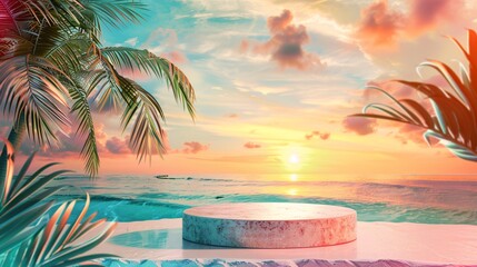 Wall Mural - 209. Beach-themed summer sale template with a stone display podium, vibrant sunset sky backdrop, ideal for promoting seasonal offers