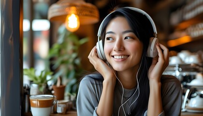 Joyful Asian woman enjoying music with wireless headphones in a cozy coffee shop