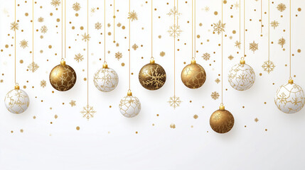 Wall Mural - golden christmas balls light white background. festive xmas decoration gold glass christmas balls an