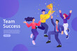 © 365 days studio - Group of people jumping holding trophy. golden cup and confetti. Business team achievements. Get reward and celebrate. success, leadership, awards. Vector illustration flat style.
