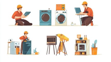 colorful flat electronics technician cartoons repairing several electrical appliances on white background