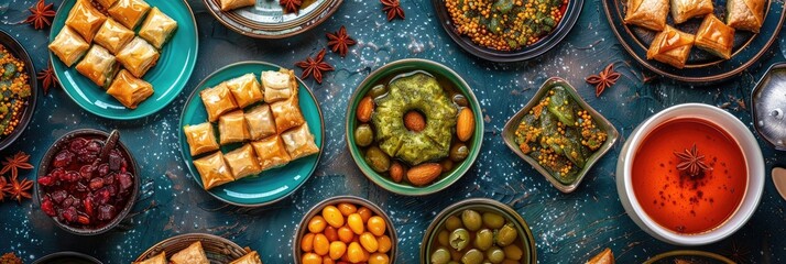 Wall Mural - Aerial perspective of classic Middle Eastern desserts baklava and kunafah.