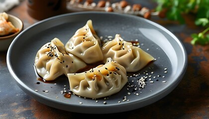 Delicious Korean-Japanese gyoza served on a stylish gray plate atop a rustic table