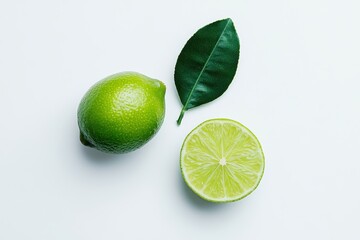 Wall Mural - A green lime and a sliced half with a leaf on a white background.