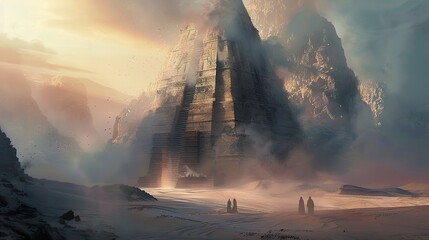 A majestic ancient temple built into a mountain, shrouded in mist and surrounded by a vast desert landscape. Two figures walk towards it.