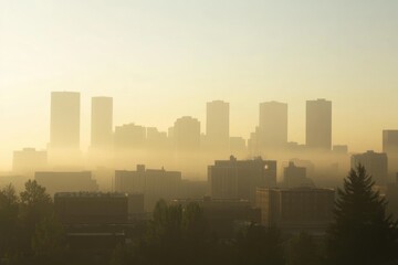 City skyline with morning haze, Monday morning, urban awakening